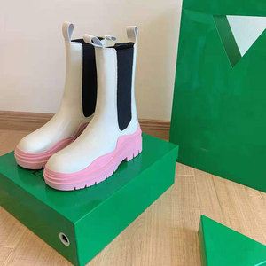 Femmes hiver décontracté Chelsea Denim bottes hautes nouvelles bottes roses décontractées avec fond épais cheminée bout rond doublure en cuir véritable - Product Image 3