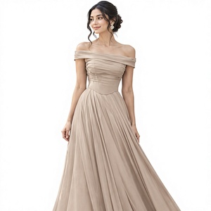 Elegante Vestido Largo de Gasa con Hombros Descubiertos, Corte A, Transpirable, para Fiesta Formal, con Pliegues Sencillos y Cintura Imperio - Product Image 1