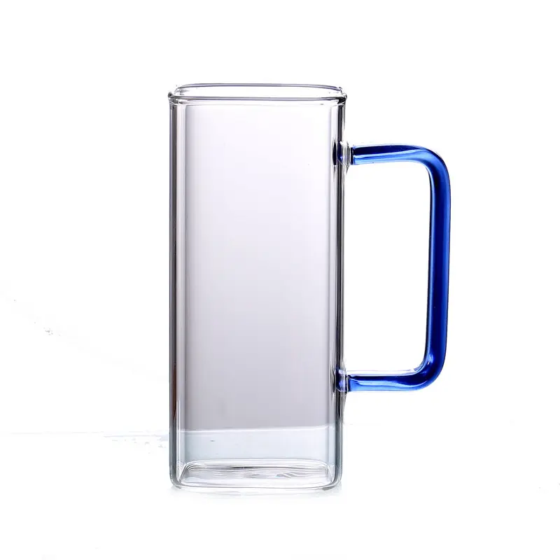 Quadratischer transparenter Glas becher mit Farb griff Wasser becher für Haushalts saft getränk Ein schicht iger Glas becher becher