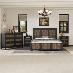 <b>Queen</b> Size Farmhouse Platform <b>Bed</b> Set <b>with</b> Wooden Strip Design <b>Storage</b> Nightstand and Dresser - Product Image 1