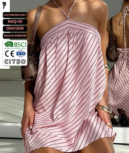 OEM Halter Neck Asymmetric Mini <b>Dress</b> Striped Pink Satin <b>Loose</b> Fit Sleeveless Summer Casual <b>Dress</b> - Product Image 1