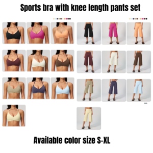 Ensemble deux pièces de <span class=keywords><strong>sport</strong></span> pour <span class=keywords><strong>femme</strong></span> avec soutien-gorge à bretelles réglables et logo personnalisé, et pantalon <span class=keywords><strong>capri</strong></span> large – Tenue de yoga et de gym - Product Image 5