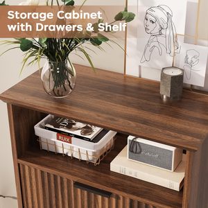 Gabinete de Almacenamiento Alto para Baño SENYU, de Madera de Nogal, con Estante Superior Abierto, Cajón y Puerta Doble, Organizador de Ropa para Baño - Product Image 5