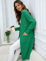 Cardigan long en maille vert uni décontracté pour femme, coupe oversize, ouvert sur le devant, avec poches