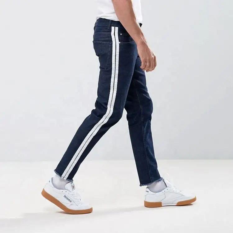 Nouveau design personnalisé de jeans stretch indigo pour hommes jeans en denim à rayures latérales