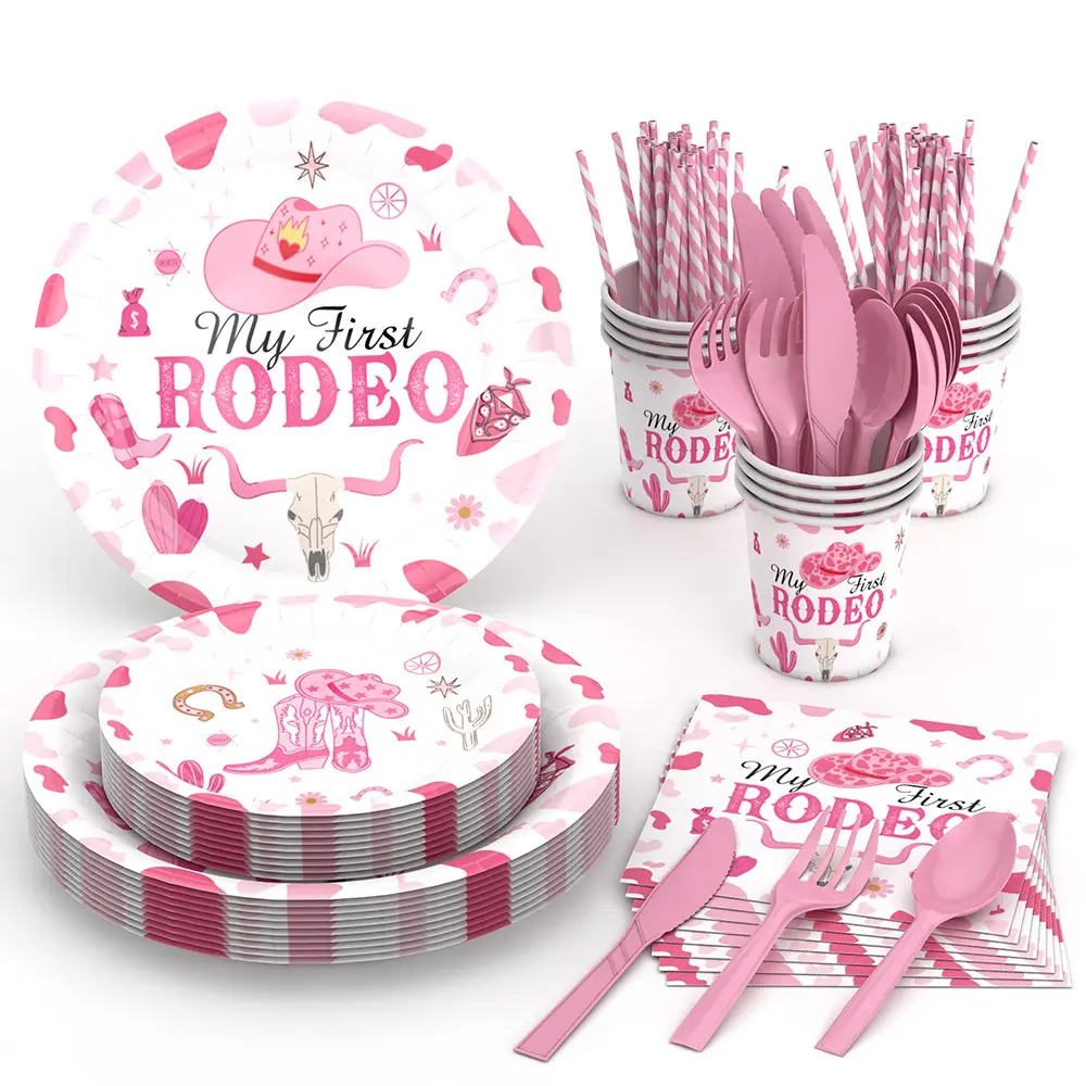 Sert 24 rose cowboy thème filles fête d'anniversaire dessert table mise en page scène décoration jetable papier fournitures fête ensemble