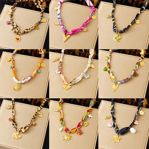 Elegant Printed Silk Scarf Necklace With Heart Sun Pendant For Party Leisure Wear N3623 N3631 - Product Image 1