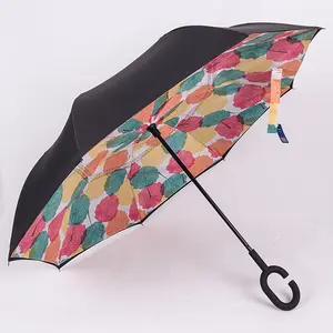 reverse umbrella double layer curve C handle logo print flower cloud inside straight inverted reverse umbrellas