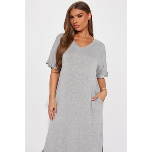 Nouvelle robe décontractée en tricot pour femme, col en V, fente double sur le côté, ourlet rond, taille et couleur personnalisées - Product Image 5