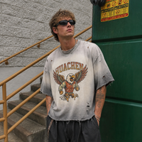260GSM Boxy Crop T-Shirt mit Sonnenausgebleichtem Vintage-Adler-Maskottchen-Grafikdruck und Distressed-Rohkanten, 1 Stück Min. OEM Private Label Hersteller