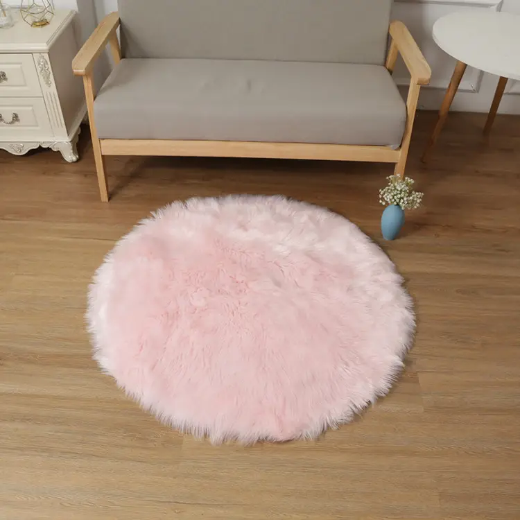 Alfombra de felpa de piel de oveja para niños, tapete de suelo redondo de piel sintética, color rosa, 3 pies de diámetro, súper suave
