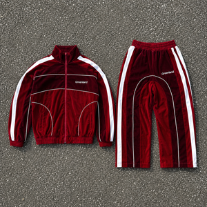 Completo da jogging da <span class=keywords><strong>uomo</strong></span> in <span class=keywords><strong>velluto</strong></span> rosso vino con zip e pantaloni a gamba larga a righe bianche, 100% cotone, per l'autunno, stile streetwear - Product Image 2