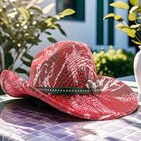 Chapeau de cowboy imprimé serpent rouge en gros, chapeaux de fête gothiques punk en cuir noir avec tête de taureau pour adultes