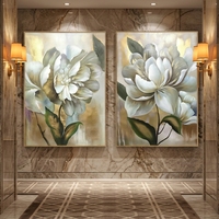 Ensemble de 2 tableaux modernes de luxe sur toile, fleurs blanches dorées, peinture florale originale, décoration de salon