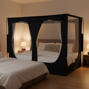 Tente de lit occultante à 70 % à 3 portes avec poteaux en fibre, moustiquaire respirante pour usage domestique, taille adulte, motif rectangulaire uni - Product Image 2