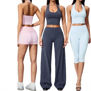 Conjunto de Yoga para Mujer, Top Corto Halter Sólido, Leggings de Cintura Alta, Transpirable, Sin Costuras, 4 Piezas, Ropa Deportiva, Spandex Antibacterial - Product Image 3