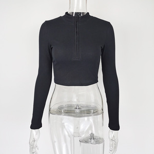 <span class=keywords><strong>Bon</strong></span> <span class=keywords><strong>prix</strong></span> haut court femmes t-<span class=keywords><strong>shirt</strong></span> côtelé à manches longues fermeture éclair t-<span class=keywords><strong>shirt</strong></span> court sexy boîte de nuit tenue femmes haut court t-<span class=keywords><strong>shirt</strong></span> - Product Image 5