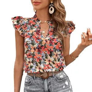 Women Dressy Casual Floral Print Notched Neckline Layered Sleeve Tie Back Blouse Top