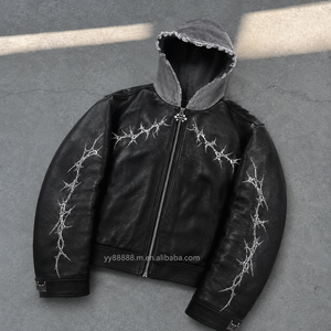 Chaqueta con capucha de cuero personalizada OEM con cremallera, impermeable, para hombre, estilo universitario, con estampado de <span class=keywords><strong>Fear</strong></span> Black Hole y lavado ácido. - Product Image 1