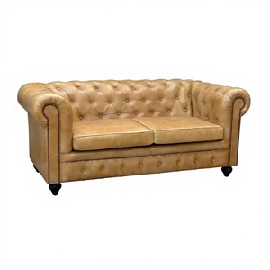 Luxury Beige Chesterfield Leather <b>Sofa</b> Two Seater <b>Wood</b> <b>Frame</b> Deep Button Tufted Back Rolled Arms Vintage Living Transitional - Product Image 1