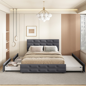 Willsoon Queen Size <strong>Bed</strong> <strong>with</strong> Adjustable Storage Drawers and Twin <strong>Trundle</strong> <strong>Wooden</strong> Upholstery Modern Design Bedroom Furniture - Product Image 6