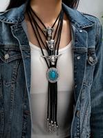 Collier Bolo WesternTill en alliage de zinc avec tête de taureau, turquoise et argent, style Rodeo du Sud-Ouest, pour femme, avec breloque taureau, idéal pour les cowgirls