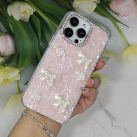 Coque de téléphone 3D Nœud Rose avec cadre d'appareil photo en strass scintillant, antichoc pour iPhone X 11 17 18 Pro Max, Samsung Redmi OPPO