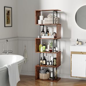 Modern <strong>Tall</strong> S-Shaped Geometric Bookcase Four-Layer Wood Metal <strong>Bookshelf</strong> for Home Office Living Room School/Dining Decorative - Product Image 3