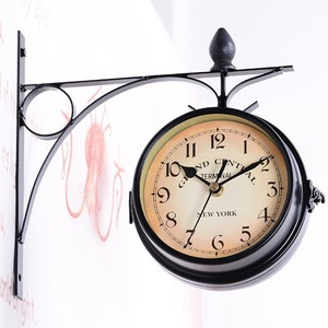 Vintage Double Sided <b>Wall</b> <b>Clock</b> Metal Station Style Hanging <b>Clock</b> <b>Black</b> Round Needle Display for Indoor Outdoor Decor - Product Image 6