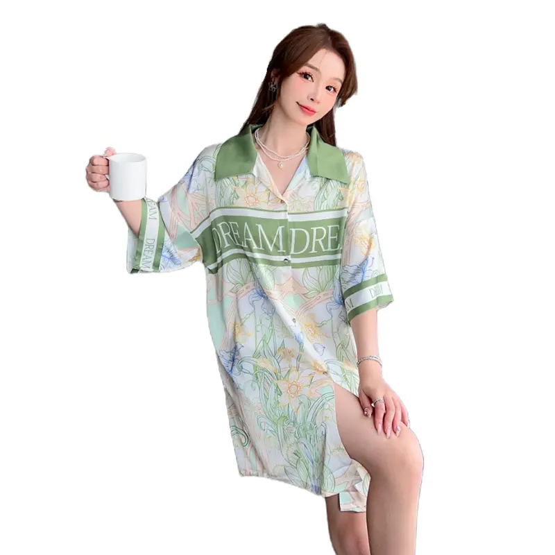 Night Designs Pijama De Seda das Mulheres Elegante Impresso pijamas de cetim Lapela Botão Aberto camisa Camisola senhora Plus Size sleepwear