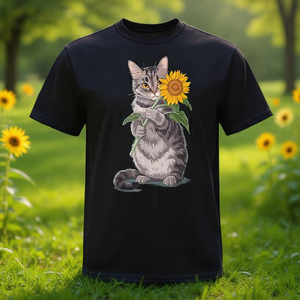 T-shirt noir unisexe avec motif chat tenant un tournesol, taille moyenne pour adulte - Product Image 3