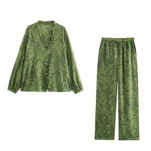 <span class=keywords><strong>Abbigliamento</strong></span> <span class=keywords><strong>Donna</strong></span> Set 2 Pezzi Bohémien <span class=keywords><strong>Verde</strong></span> con Stampa Paisley Maglietta a Maniche Lunghe e Pantaloni a Vita Alta - Product Image 1