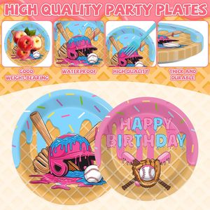 Vaisselle de fête sur le thème du baseball et de la crème glacée : Assiettes et serviettes bleues et roses pour anniversaire, camping, baby shower - Product Image 2