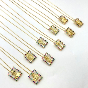 Raffredda rettangolo religiosi santi cristiani modello con gemme colorate placcato in oro 18K ciondolo ciondolo in ottone rame - Product Image 5