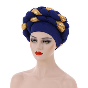Prêt à expédier 2023 dernières dames africain bandeau Bonnet haute qualité Stretch <span class=keywords><strong>tresse</strong></span> femmes paillettes africain bandeau - Product Image 5