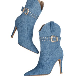 XSD Women's Denim Sexy Super High Heel Stiletto Short Boots New Year Winter Fashion Height Increasing Pointed Side Zipper Rubber - Product Image 3