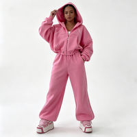 Ensemble de survêtement 2 pièces rose vieilli et surdimensionné, comprenant un sweat à capuche court zippé et un pantalon de survêtement, streetwear d'hiver pour femmes de grande taille