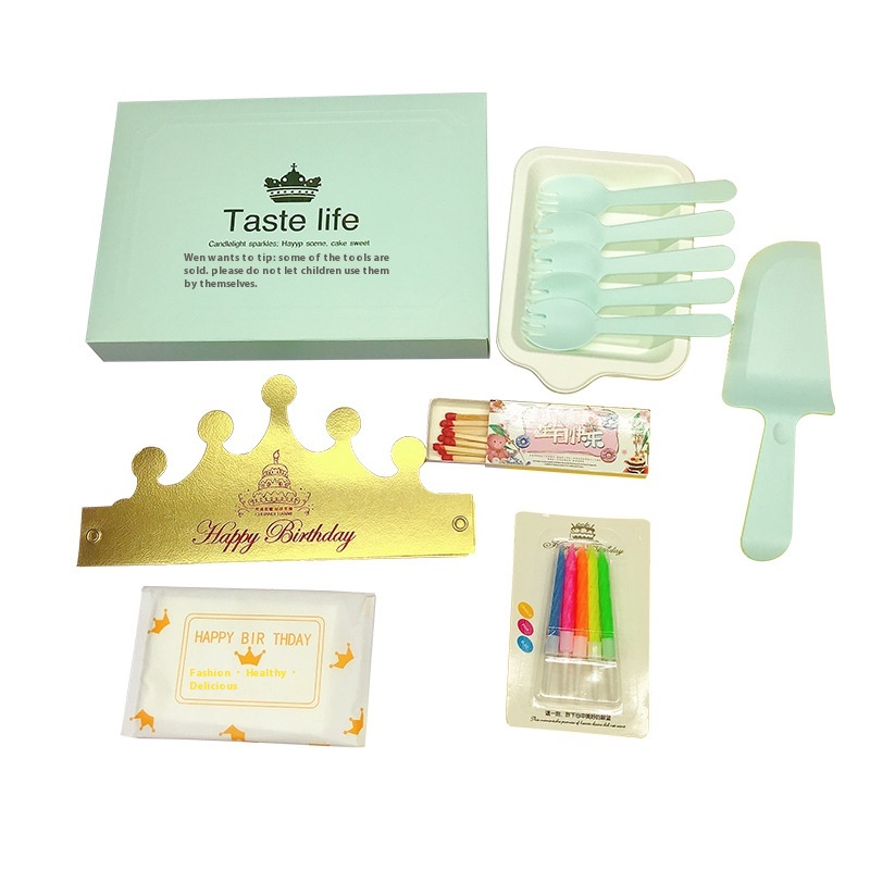 Seven-In-One Tableware Set Disposable Cake Decorating Supplies Birthdays-Includes Paper Plate Fork Knife Holder Candle Holder