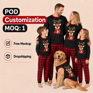 Ensemble de pyjamas assortis pour la famille, imprimé rennes de Noël personnalisé, à carreaux noirs, en polyester, vêtements de nuit pour hommes, femmes et enfants, dropshipping POD MOQ 1PC - Product Image 1