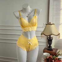 Ensemble soutien-gorge et culotte en dentelle pour femme avec nœud, transparent, push-up, lingerie, vêtements de nuit, tenue de club, tenue de soirée