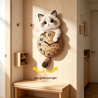 Jam Dinding Bertenaga Baterai Bergaya Kartun Kucing Boneka Rotan dengan Gerakan Detik Berjalan untuk Dekorasi Rumah, Ruang Tamu, Kamar Tidur.
