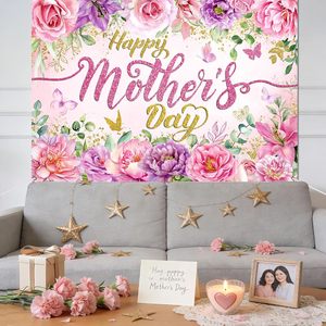 Joyeuse fête des mères, fond de photographie floral rose et violet, toile de fond « J'aime maman », bannière de fête, décoration de photomaton personnalisable - Product Image 1