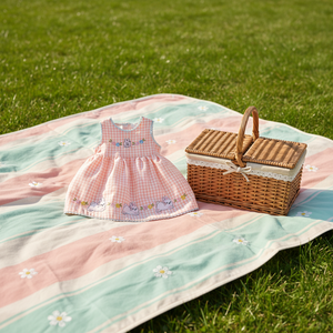 <span class=keywords><strong>Vestito</strong></span> Estivo per Bambina con Collo a O, Motivo a Quadri, Stratificato, Ricamato con Coniglietto, Vendita all'Ingrosso - Product Image 4