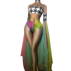 body di maglia Suppliers-Designer Mesh maniche svasate elastico aderente body donna Showgirl Club body Sexy Performance Wear Dance Stage Costumes