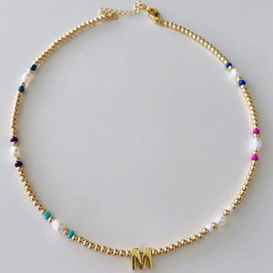 N,1286 Dainty Tiny Rainbow Seed Beads perle espacée et boule d'or perlée plaqué or 18k Alphabet lettre <span class=keywords><strong>initiale</strong></span> Charm Necklace - Product Image 3