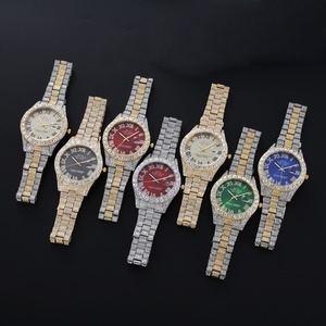 Factory Wholesale Calendar Full Bling Rhinestone Roman Scale Alloy Steel Strip Iced Out Hip Hop Men's Round Quartz Watch