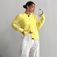 Automne hiver femmes élégant mode tricoté Cardigan couleur unie col rond décontracté coloré coeur bouton ouvert avant pull