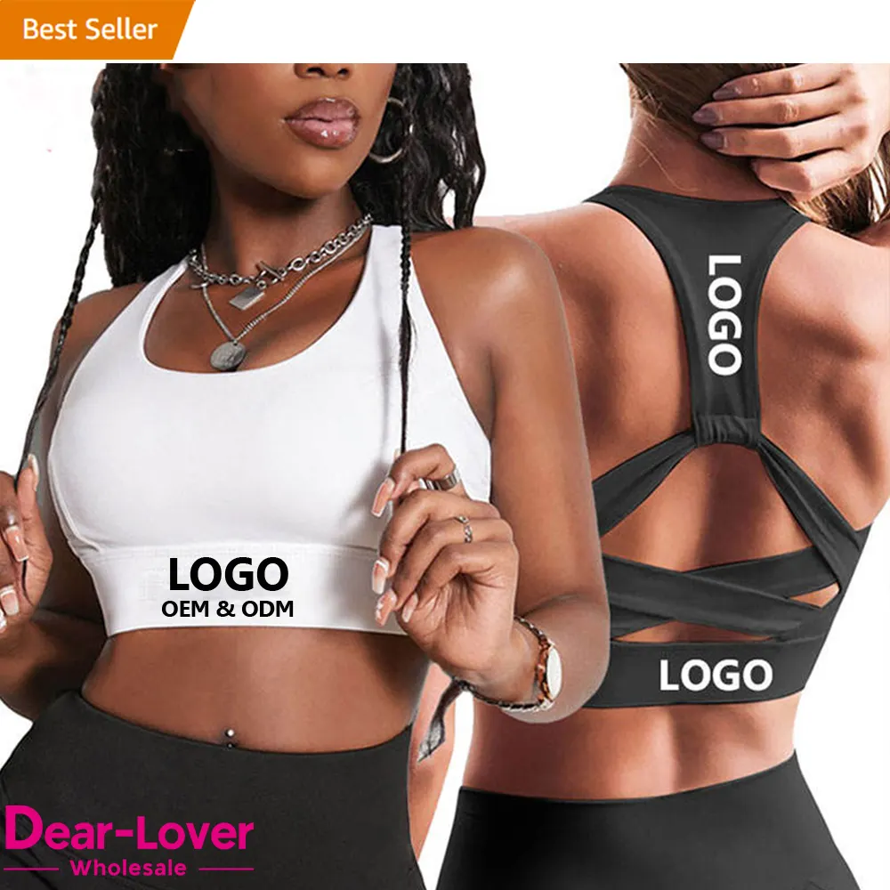 Dear-Lover di alta qualità personalizzato bianco nero ad alto impatto Push Up Strappy Backless Halter Top Fitness palestra Yoga reggiseno sportivo da donna