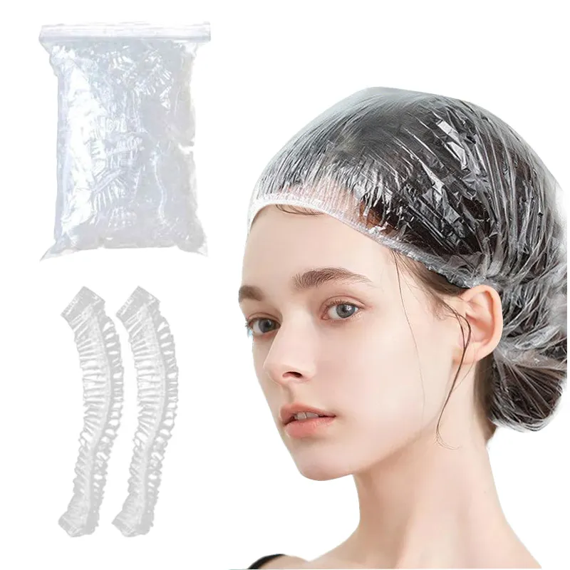 Bonnet de bain imperméable de haute qualité bon marché personnalisé PE plastique transparent couverture de cheveux bonnets de douche jetables prix de gros