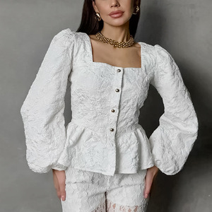 Chemise de bureau haut de gamme en jacquard de style français pour femmes, à col carré, à <span class=keywords><strong>manches</strong></span> <span class=keywords><strong>bouffantes</strong></span>, anti-boulochage, vintage, printemps, Y00498 - Product Image 2